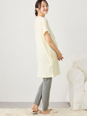 マタニティ パジャマ・ルームウェア|リブヘンリーネック半袖トップス&産後も使えるレギンスパジャマ マタニティ・授乳パジャマ【出産後も長く使える】|ペールイエロー