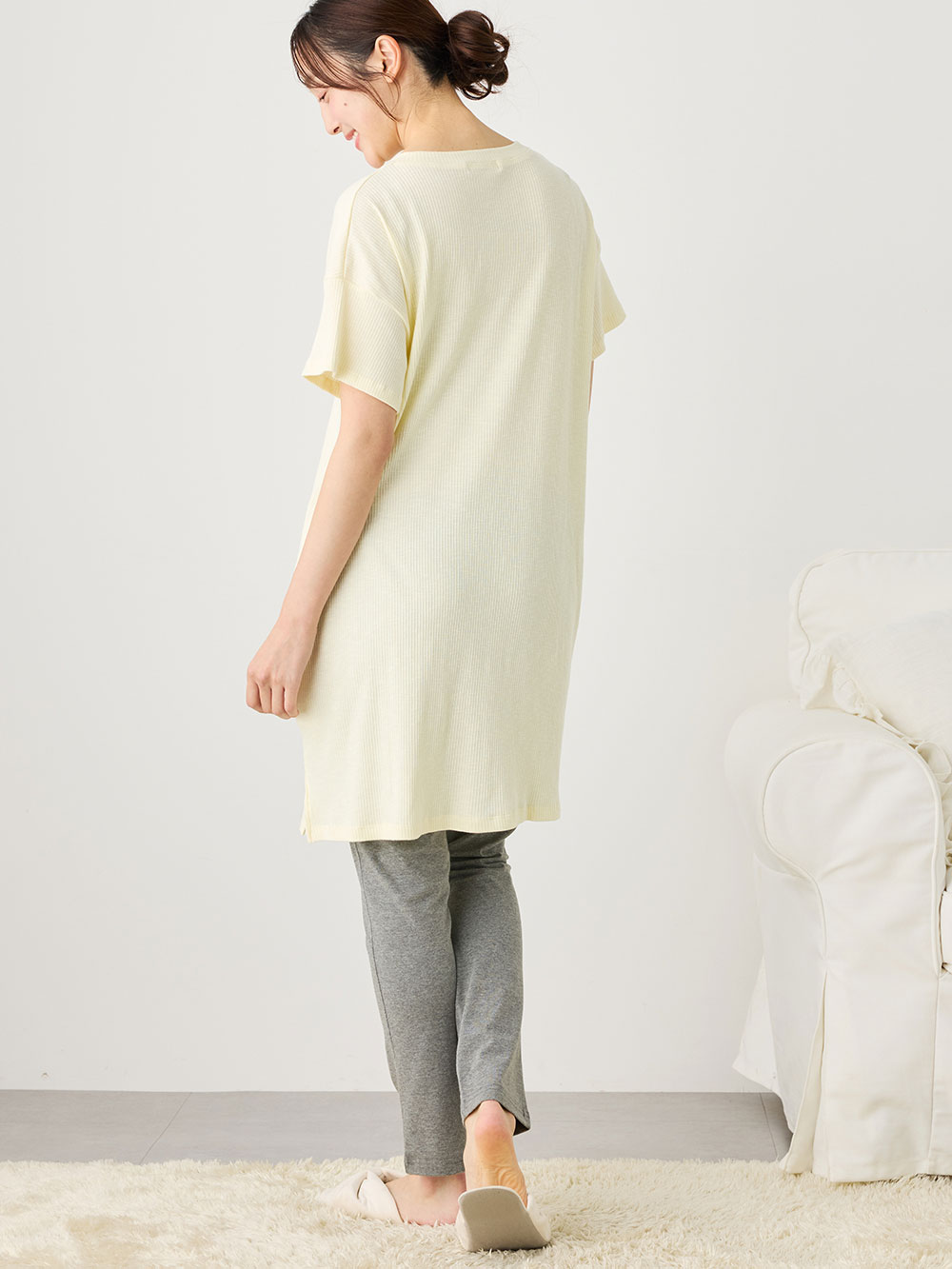 マタニティ パジャマ・ルームウェア|リブヘンリーネック半袖トップス&産後も使えるレギンスパジャマ マタニティ・授乳パジャマ【出産後も長く使える】|ペールイエロー