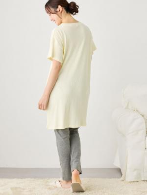 マタニティ パジャマ・ルームウェア|リブヘンリーネック半袖トップス&産後も使えるレギンスパジャマ マタニティ・授乳パジャマ【出産後も長く使える】|ペールイエロー