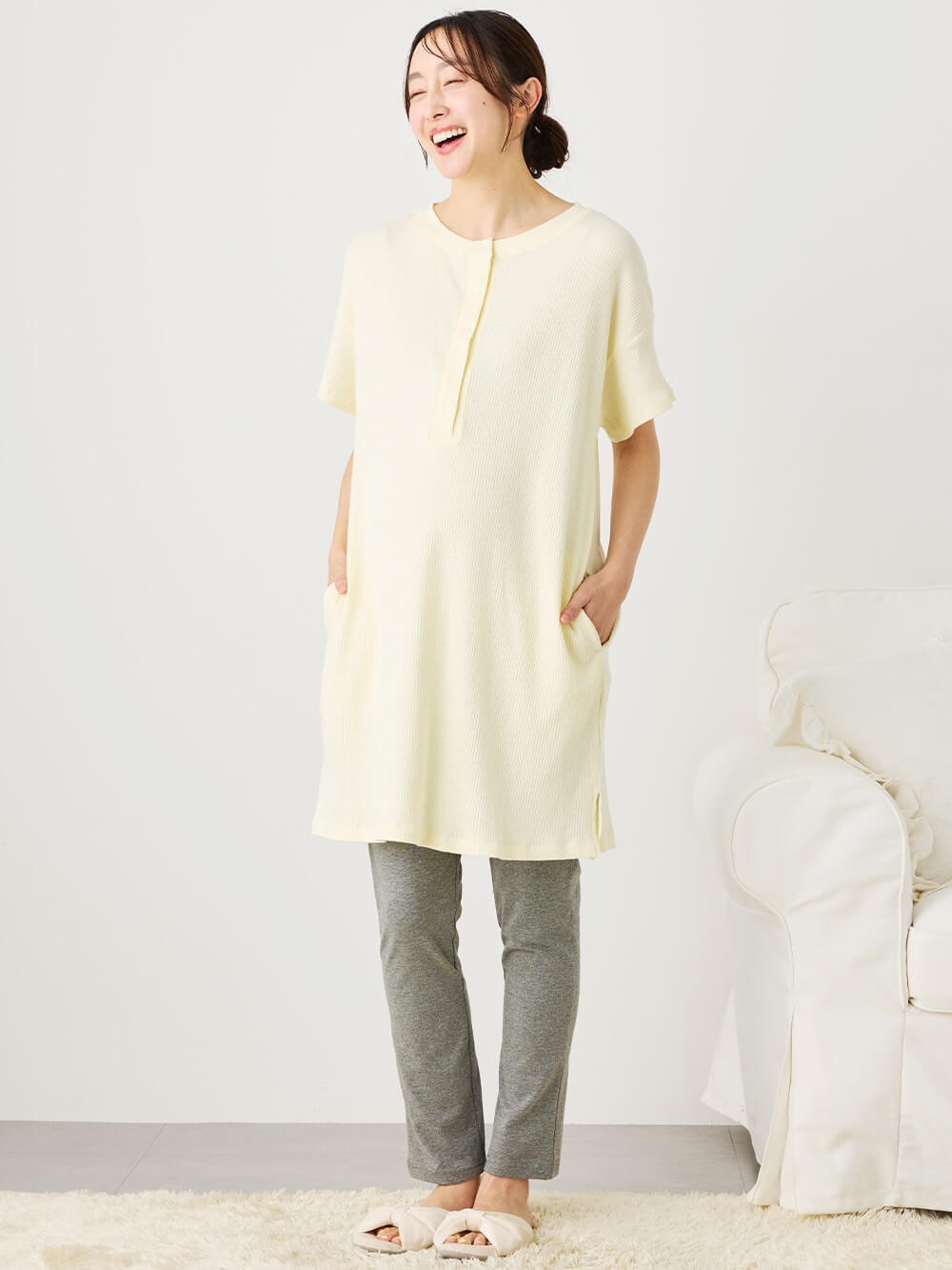 マタニティ パジャマ・ルームウェア|リブヘンリーネック半袖トップス&産後も使えるレギンスパジャマ マタニティ・授乳パジャマ【出産後も長く使える】