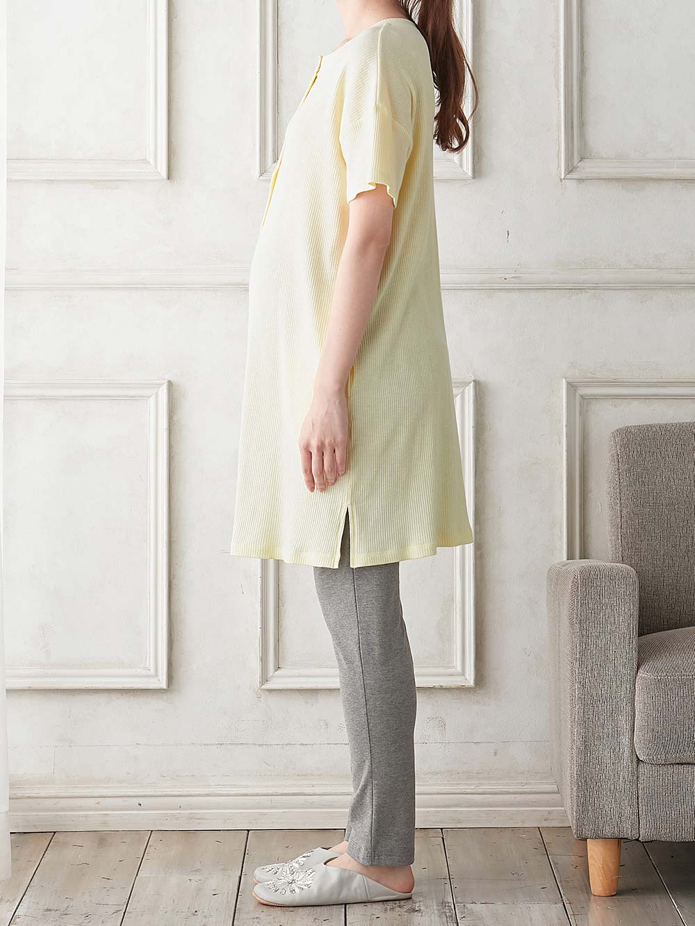 マタニティ パジャマ・ルームウェア|リブヘンリーネック半袖トップス&産後も使えるレギンスパジャマ マタニティ・授乳パジャマ【出産後も長く使える】