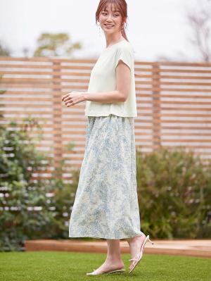 マタニティ ワンピース|ニットソー×花柄ワンピース　マタニティ・産後授乳服【出産後も長く使える】|オフ×サックス