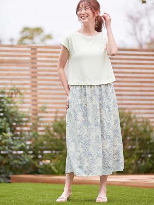 マタニティ ワンピース|ニットソー×花柄ワンピース　マタニティ・産後授乳服【出産後も長く使える】|オフ×サックス