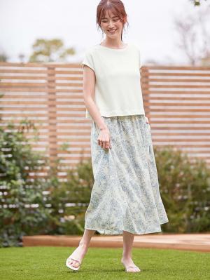 マタニティ ワンピース|ニットソー×花柄ワンピース　マタニティ・産後授乳服【出産後も長く使える】|オフ×サックス