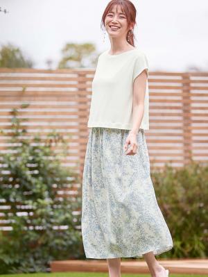 マタニティ ワンピース|ニットソー×花柄ワンピース　マタニティ・産後授乳服【出産後も長く使える】|オフ×サックス