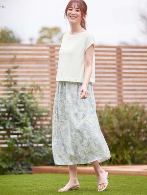 マタニティ ワンピース|ニットソー×花柄ワンピース　マタニティ・産後授乳服【出産後も長く使える】|オフ×サックス