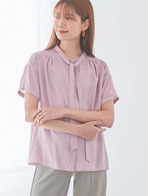 マタニティ トップス|ボウタイ付き半袖ブラウス　マタニティ・産後授乳服【出産後も長く使える】|グレイッシュピンク