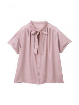 マタニティ トップス|ボウタイ付き半袖ブラウス　マタニティ・産後授乳服【出産後も長く使える】|グレイッシュピンク