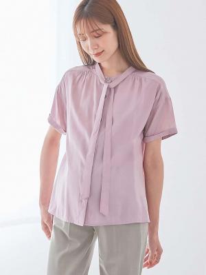 マタニティ トップス|ボウタイ付き半袖ブラウス　マタニティ・産後授乳服【出産後も長く使える】|グレイッシュピンク