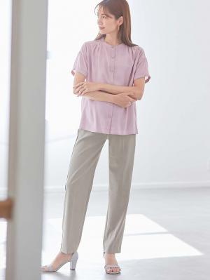 マタニティ トップス|ボウタイ付き半袖ブラウス　マタニティ・産後授乳服【出産後も長く使える】|グレイッシュピンク