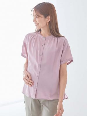 マタニティ トップス|ボウタイ付き半袖ブラウス　マタニティ・産後授乳服【出産後も長く使える】|グレイッシュピンク