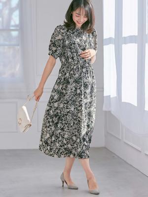 【最大20%OFF｜新生活まとめ買い対象】ウエストシャーリング花柄ギャザーワンピース　マタニティ・産後授乳服【出産後も長く使える】10340