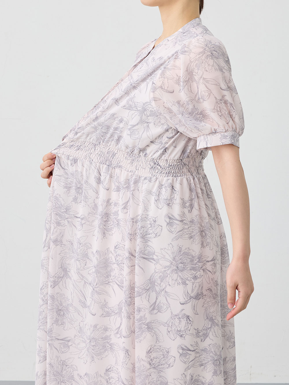 マタニティ ワンピース|ウエストシャーリング花柄ギャザーワンピース　マタニティ・産後授乳服【出産後も長く使える】