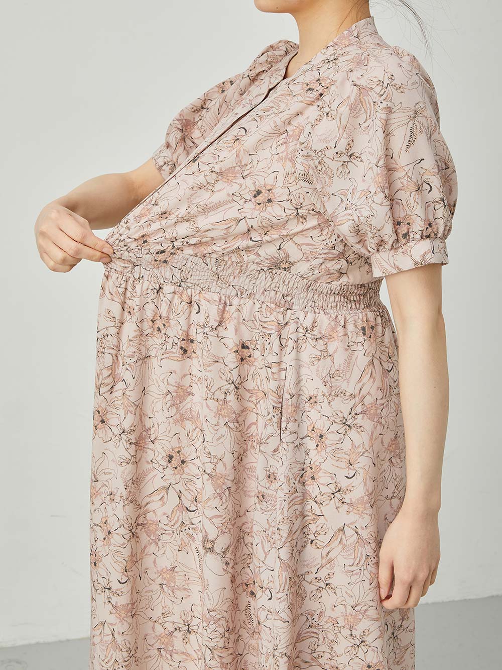 マタニティ ワンピース|ウエストシャーリング花柄ギャザーワンピース　マタニティ・産後授乳服【出産後も長く使える】