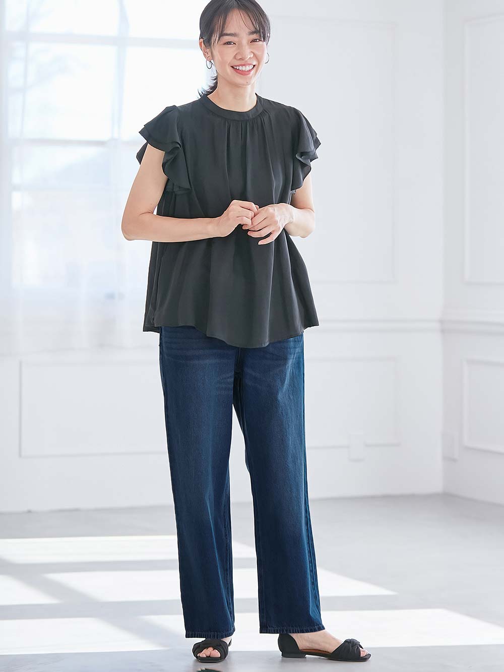 マタニティ トップス|ヴィンテージサテンフレアスリーブブラウス　マタニティ・産後授乳服【出産後も長く使える】