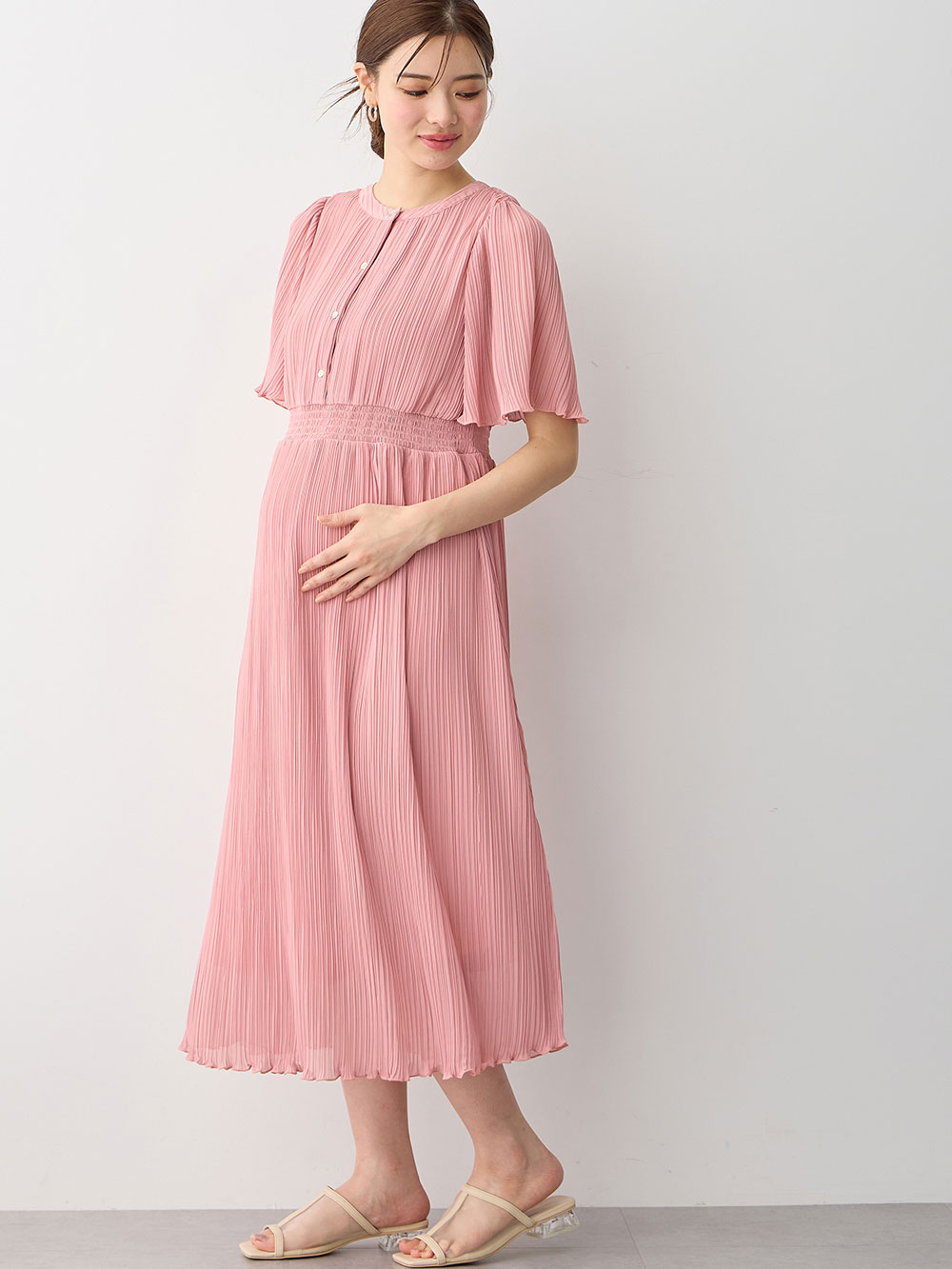 マタニティ ワンピース|ランダムプリーツワンピース　マタニティ・産後授乳服【出産後も長く使える】|ピンク