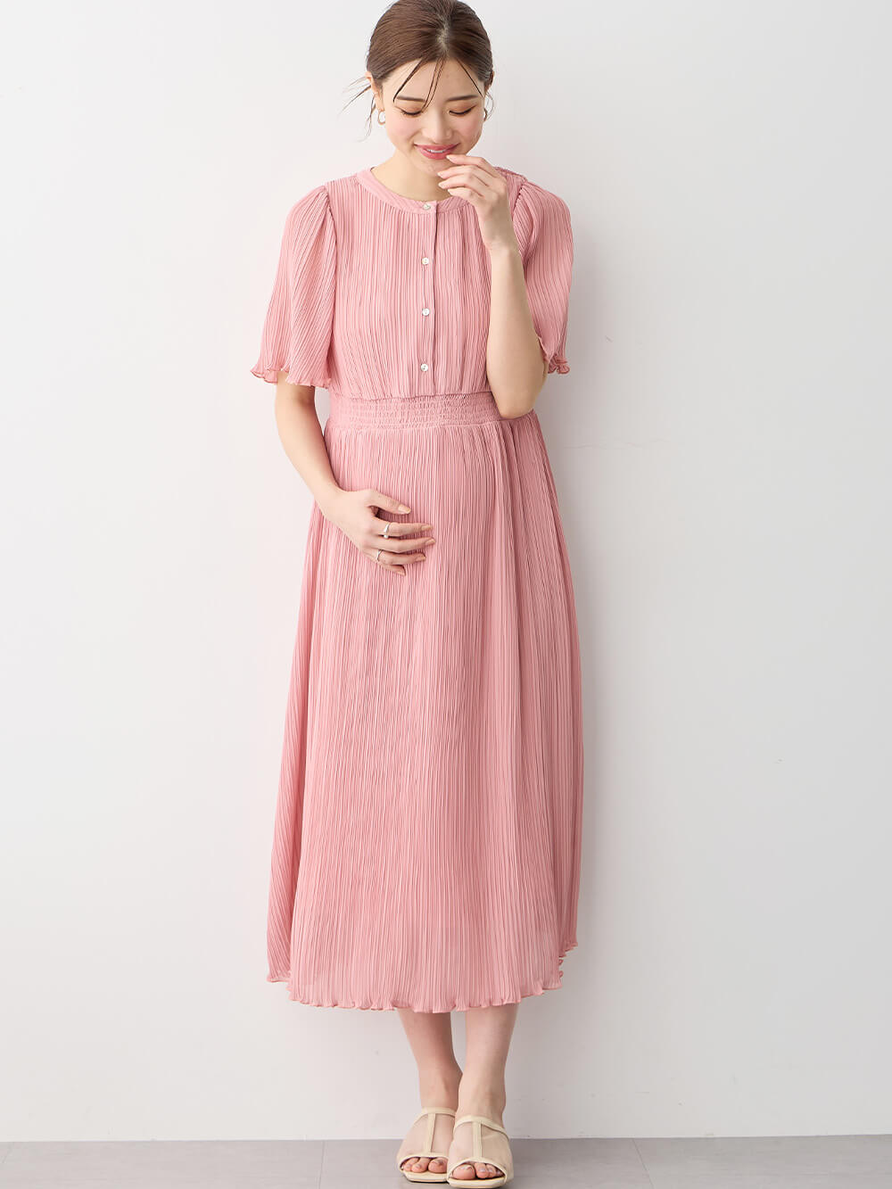 マタニティ ワンピース|ランダムプリーツワンピース　マタニティ・産後授乳服【出産後も長く使える】|ピンク