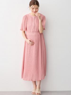 マタニティ ワンピース|ランダムプリーツワンピース　マタニティ・産後授乳服【出産後も長く使える】|ピンク