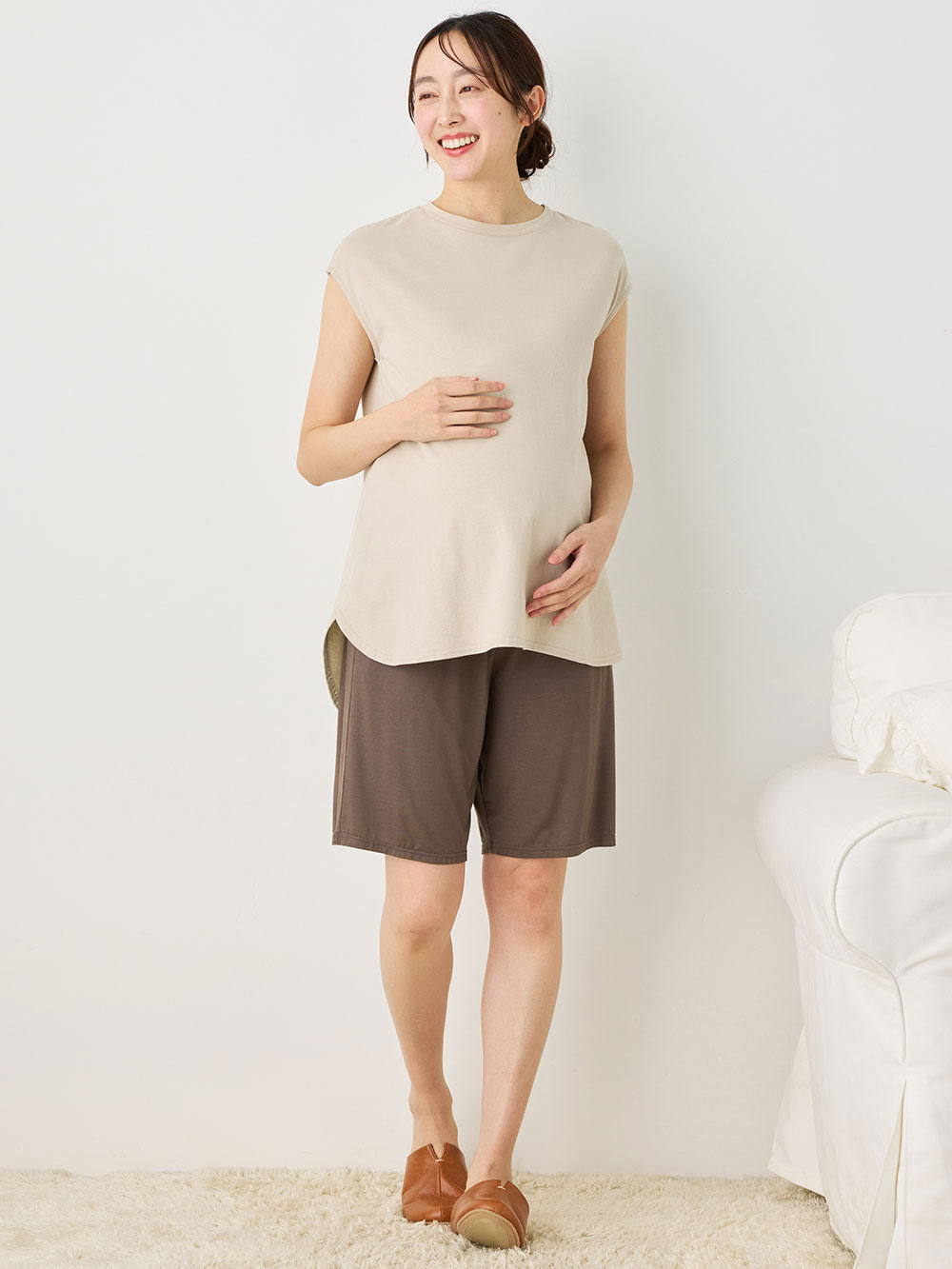 マタニティ パンツ|fairy(フェアリー)涼感らくちんハーフパンツ マタニティ・産後【出産後も長く使える】|モカ