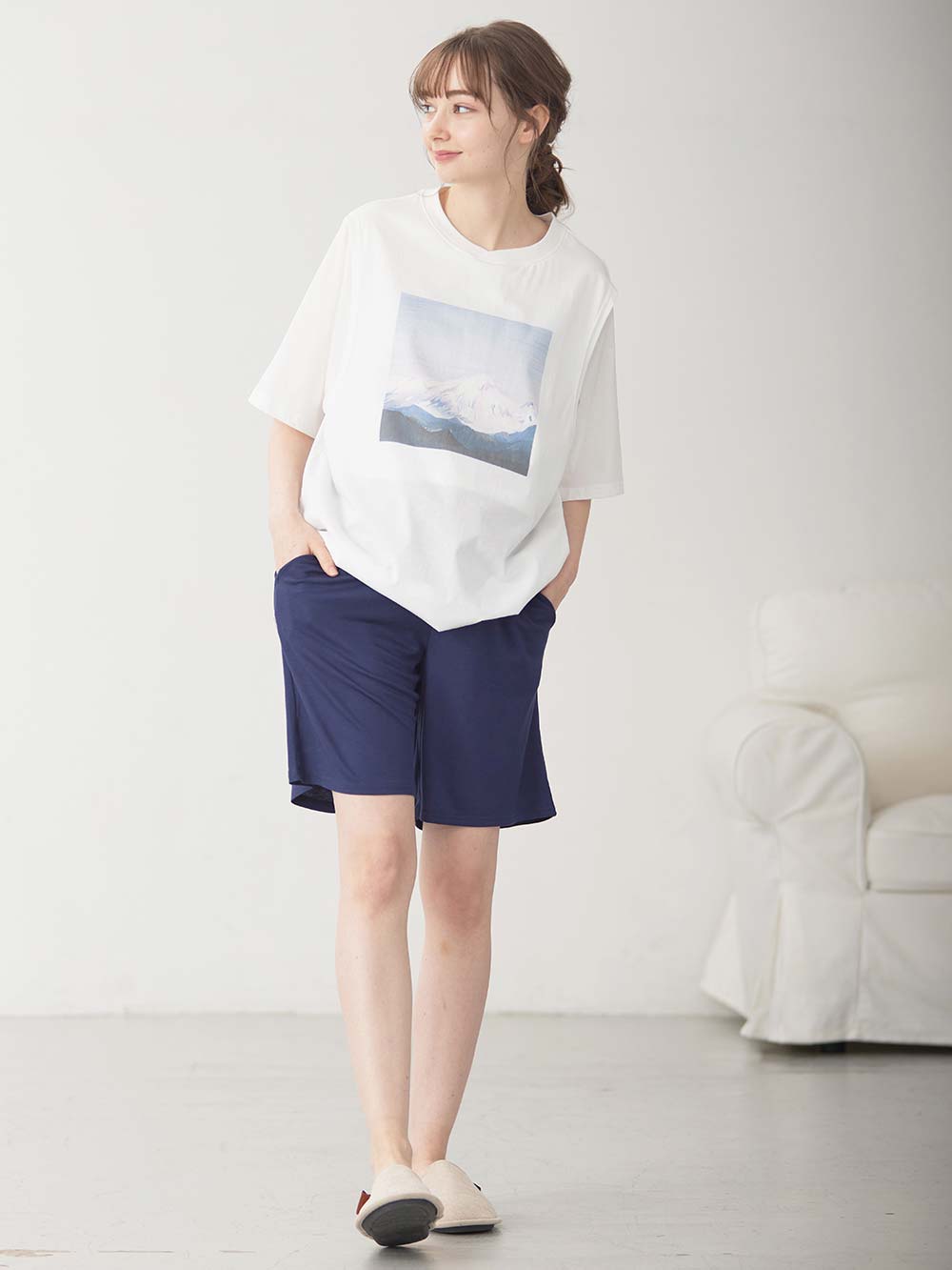 マタニティ パンツ|fairy(フェアリー)涼感らくちんハーフパンツ マタニティ・産後【出産後も長く使える】|ネイビー