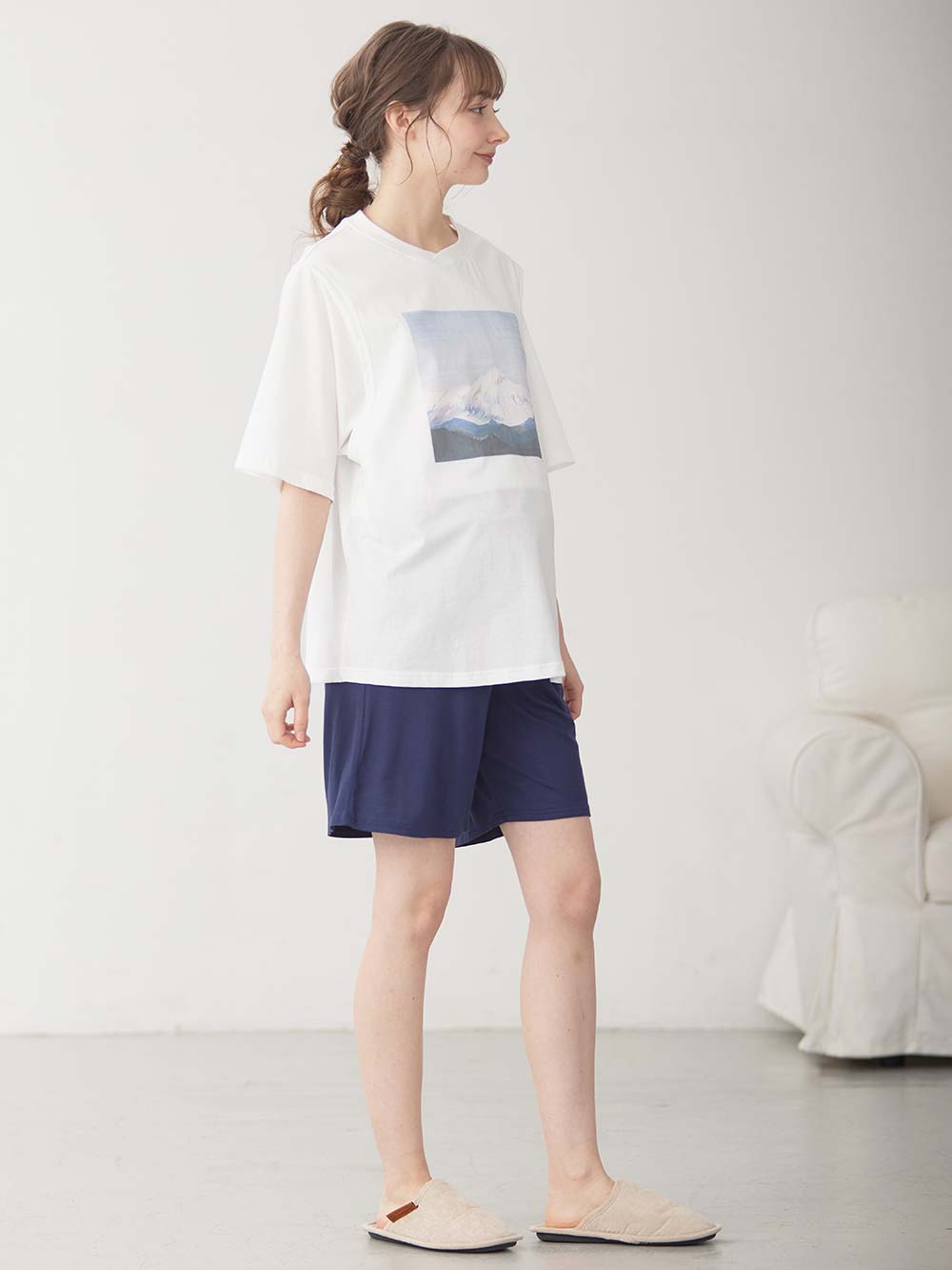 マタニティ パンツ|fairy(フェアリー)涼感らくちんハーフパンツ マタニティ・産後【出産後も長く使える】|ネイビー