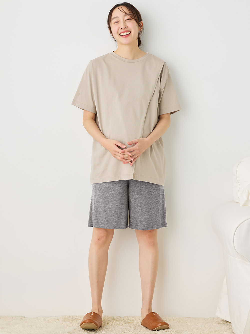 マタニティ パンツ|fairy(フェアリー)涼感らくちんハーフパンツ マタニティ・産後【出産後も長く使える】|グレー