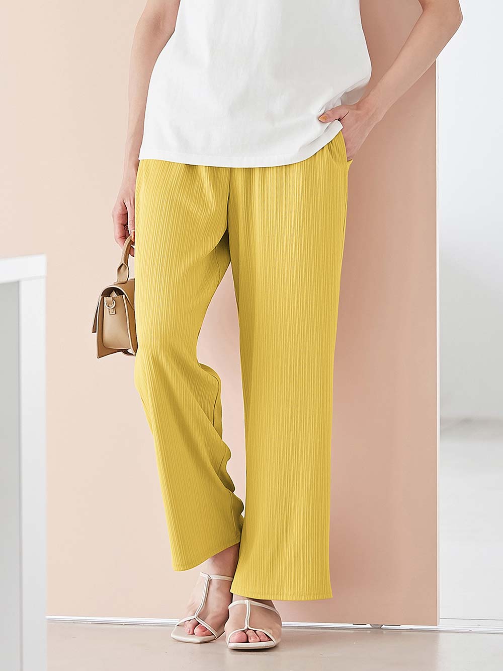 マタニティ パンツ|fairy(フェアリー)ランダムテレコワイドパンツ【出産後も長く使える】|マスタード