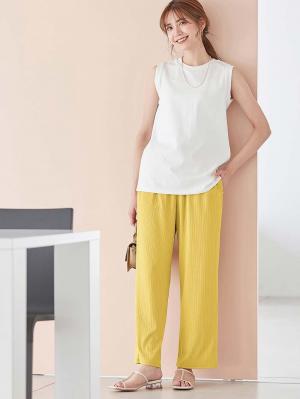 マタニティ パンツ|fairy(フェアリー)ランダムテレコワイドパンツ【出産後も長く使える】|マスタード