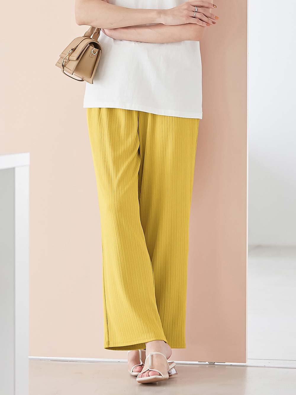 マタニティ パンツ|fairy(フェアリー)ランダムテレコワイドパンツ【出産後も長く使える】|マスタード