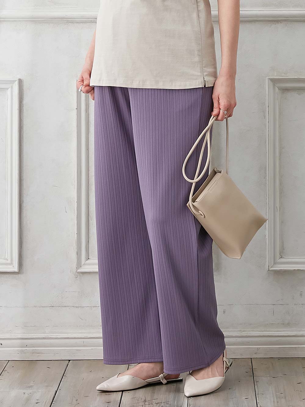 マタニティ パンツ|fairy(フェアリー)ランダムテレコワイドパンツ【出産後も長く使える】|ラベンダー