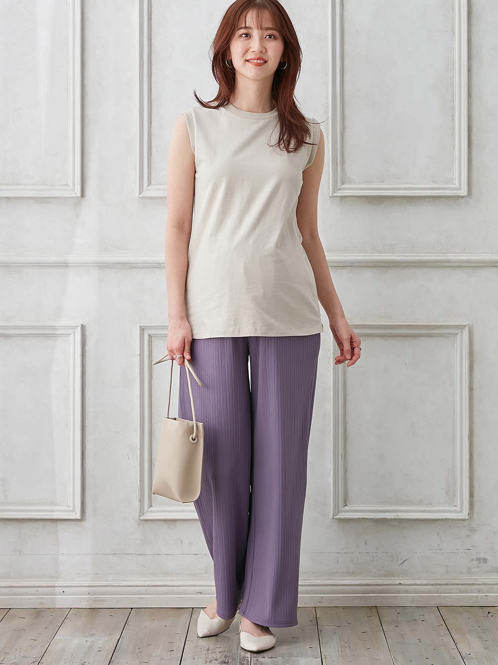 マタニティ パンツ|fairy(フェアリー)ランダムテレコワイドパンツ【出産後も長く使える】|ラベンダー