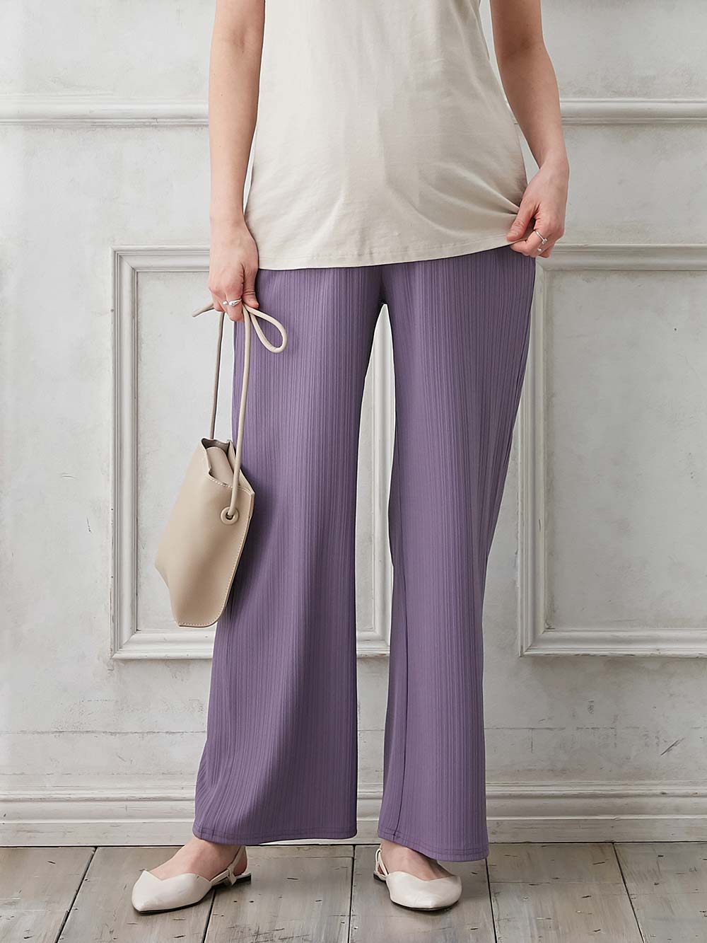 マタニティ パンツ|fairy(フェアリー)ランダムテレコワイドパンツ【出産後も長く使える】|ラベンダー