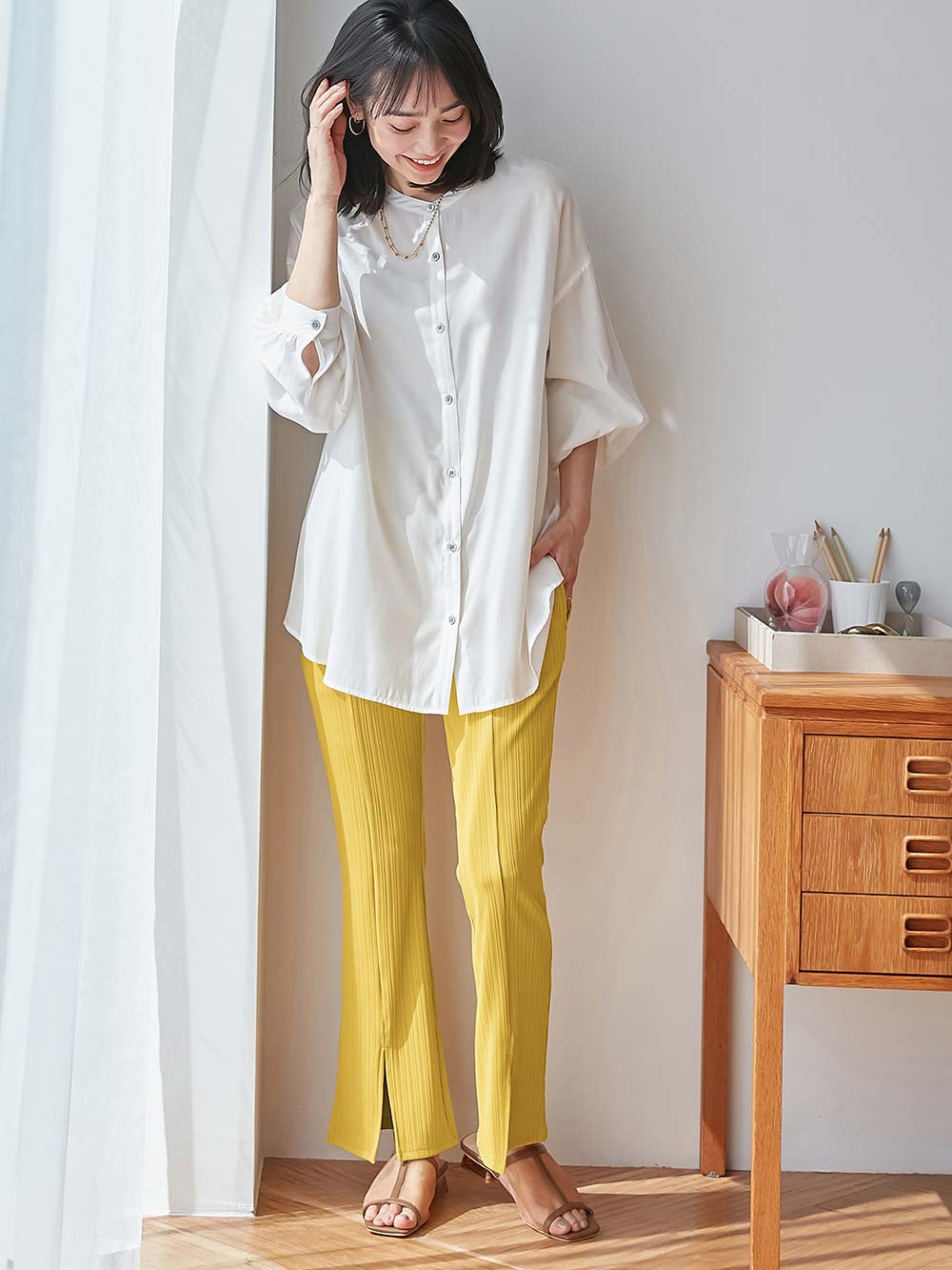 マタニティ パンツ|fairy（フェアリー）ランダムテレコセンタースラッシュらくちんパンツ【出産後も長く使える】|マスタード