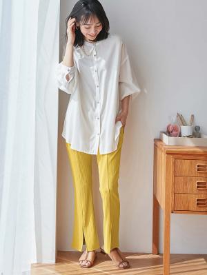 マタニティ パンツ|fairy（フェアリー）ランダムテレコセンタースラッシュらくちんパンツ【出産後も長く使える】|マスタード