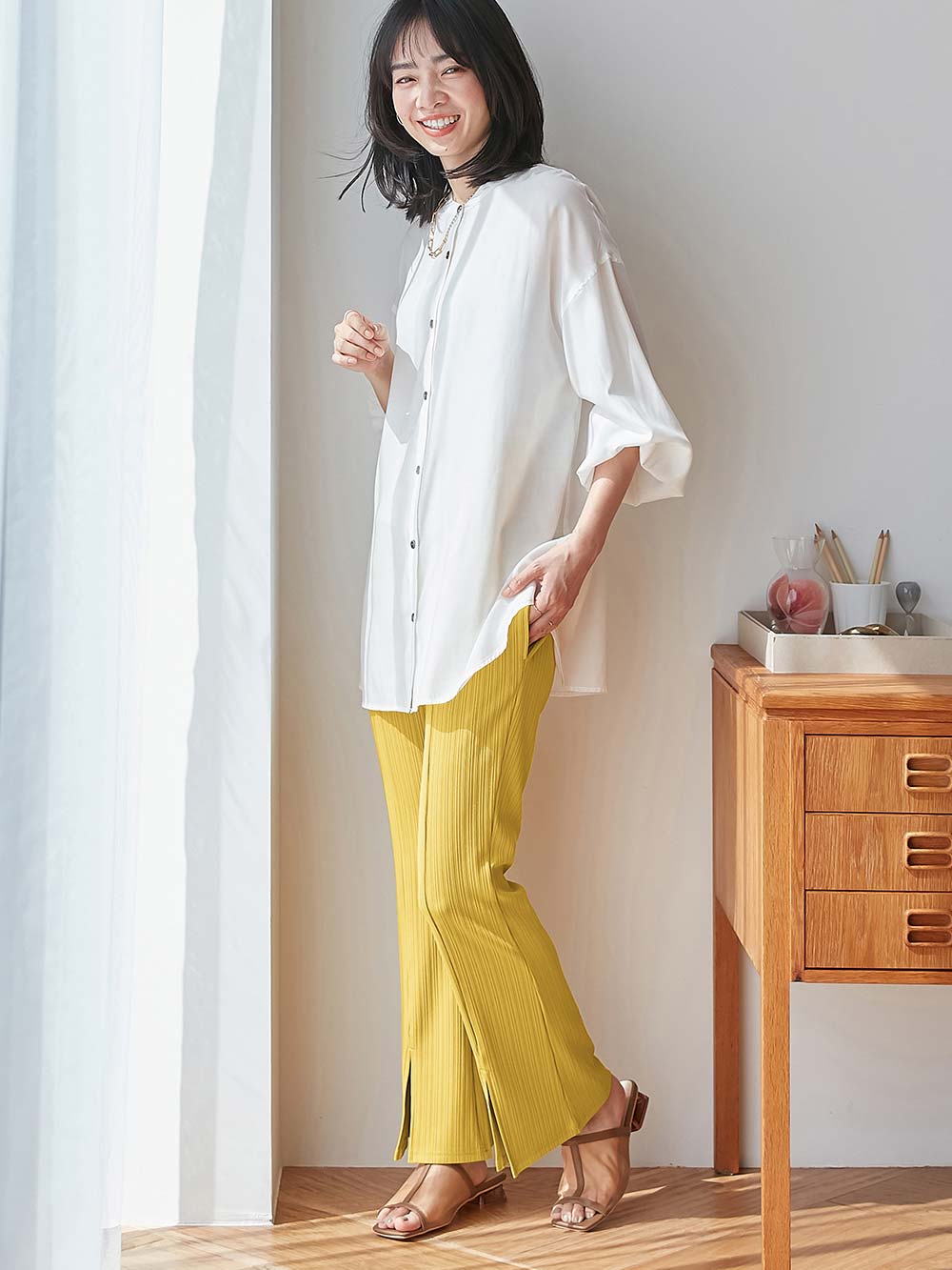 マタニティ パンツ|fairy（フェアリー）ランダムテレコセンタースラッシュらくちんパンツ【出産後も長く使える】|マスタード