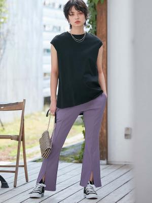 マタニティ パンツ|fairy（フェアリー）ランダムテレコセンタースラッシュらくちんパンツ【出産後も長く使える】|ラベンダー