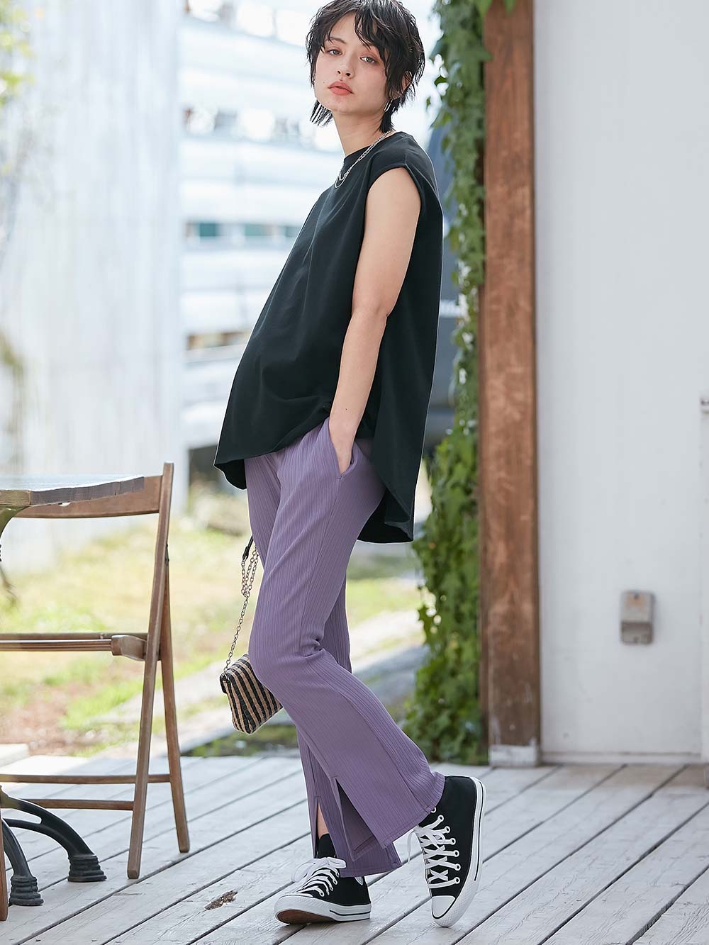 マタニティ パンツ|fairy（フェアリー）ランダムテレコセンタースラッシュらくちんパンツ【出産後も長く使える】|ラベンダー