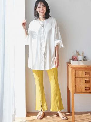 マタニティ パンツ|fairy（フェアリー）ランダムテレコセンタースラッシュらくちんパンツ【出産後も長く使える】|マスタード