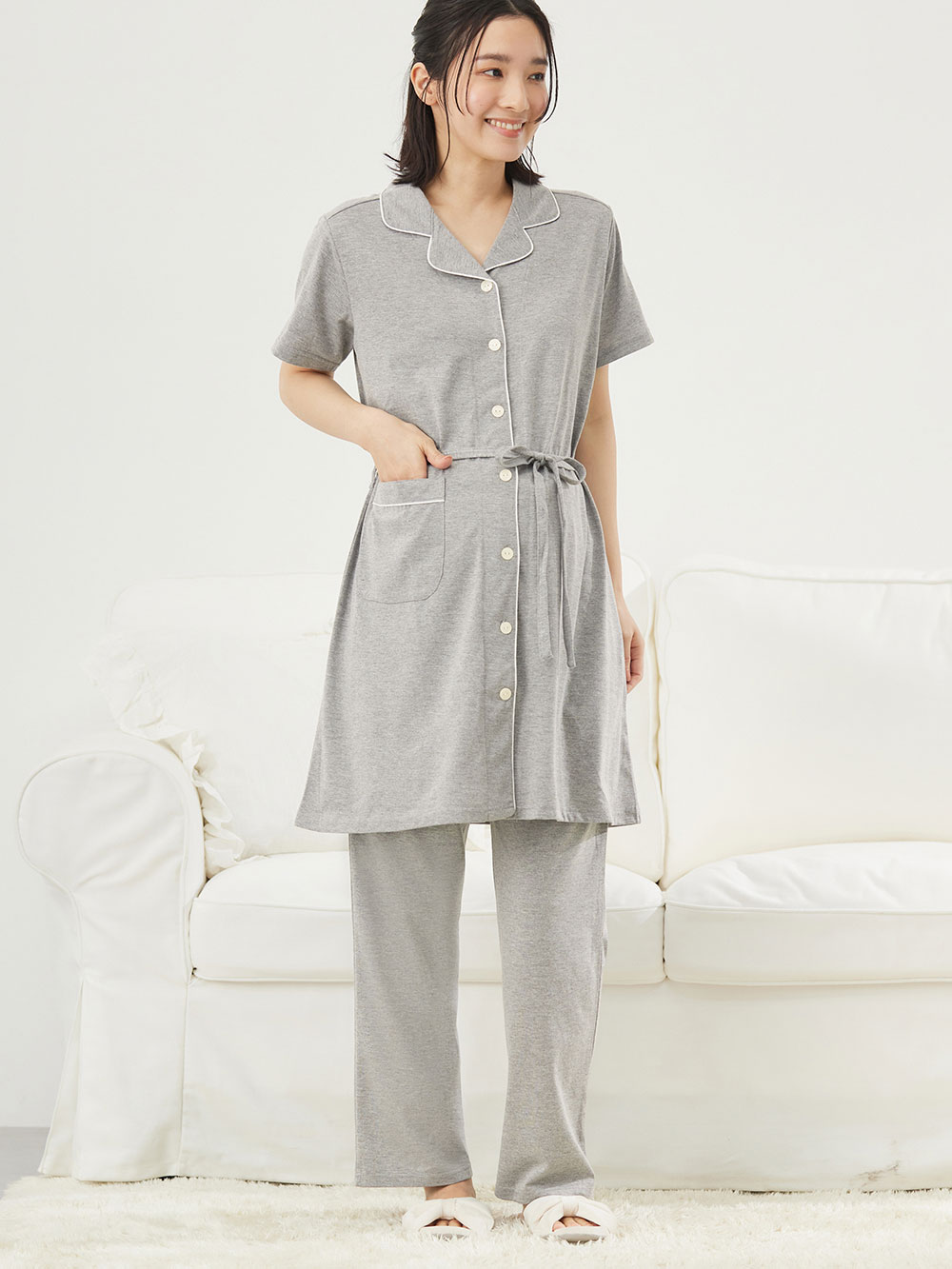 マタニティ パジャマ・ルームウェア|fairy(フェアリー)オープンカラー半袖パジャマ マタニティ・産後授乳パジャマ【出産後も長く使える】|グレー