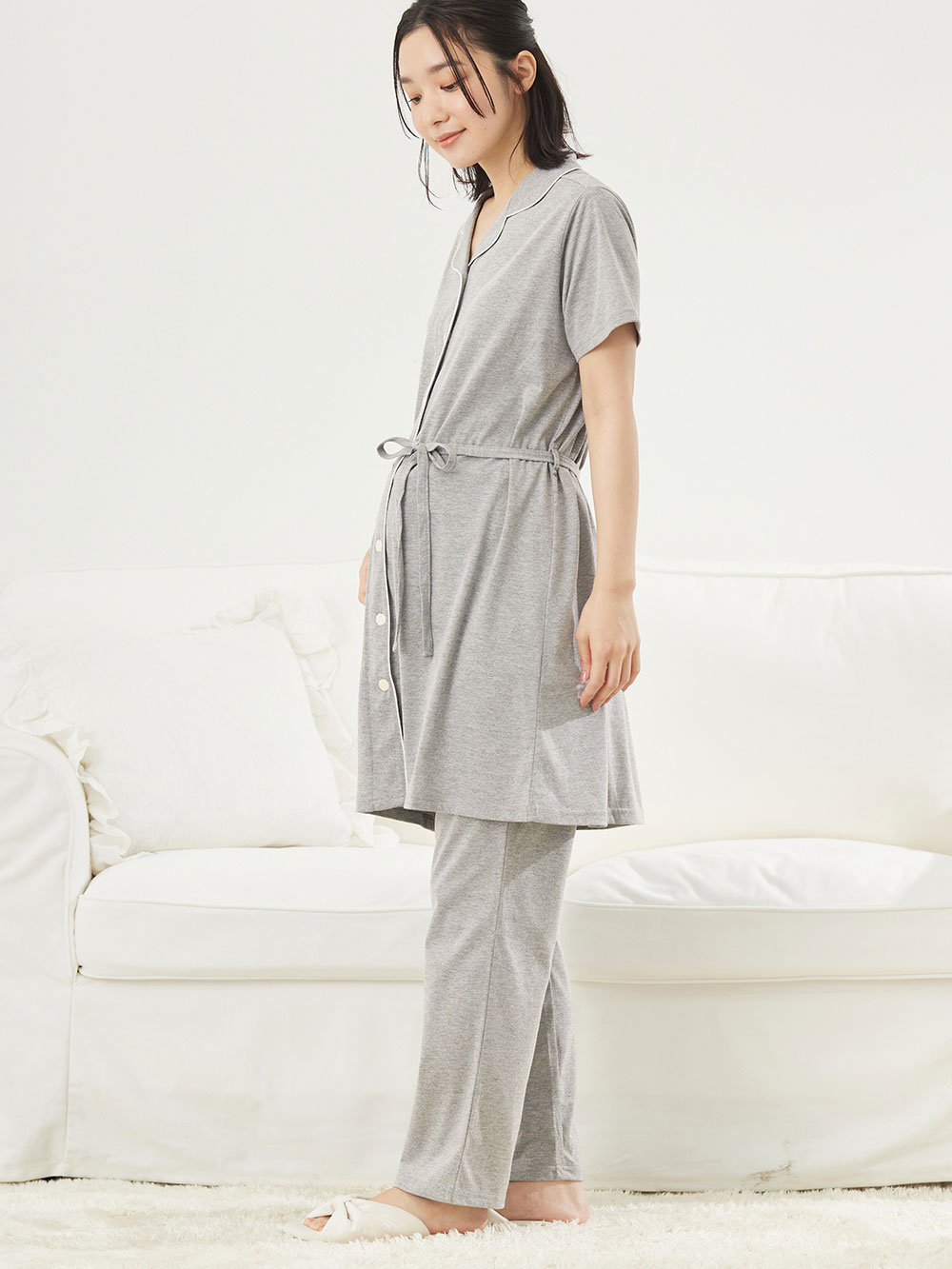 マタニティ パジャマ・ルームウェア|fairy(フェアリー)オープンカラー半袖パジャマ マタニティ・産後授乳パジャマ【出産後も長く使える】|グレー