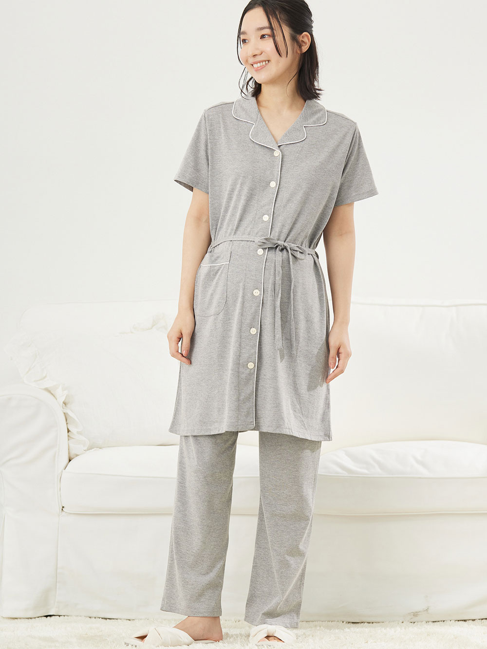 マタニティ パジャマ・ルームウェア|fairy(フェアリー)オープンカラー半袖パジャマ マタニティ・産後授乳パジャマ【出産後も長く使える】|グレー