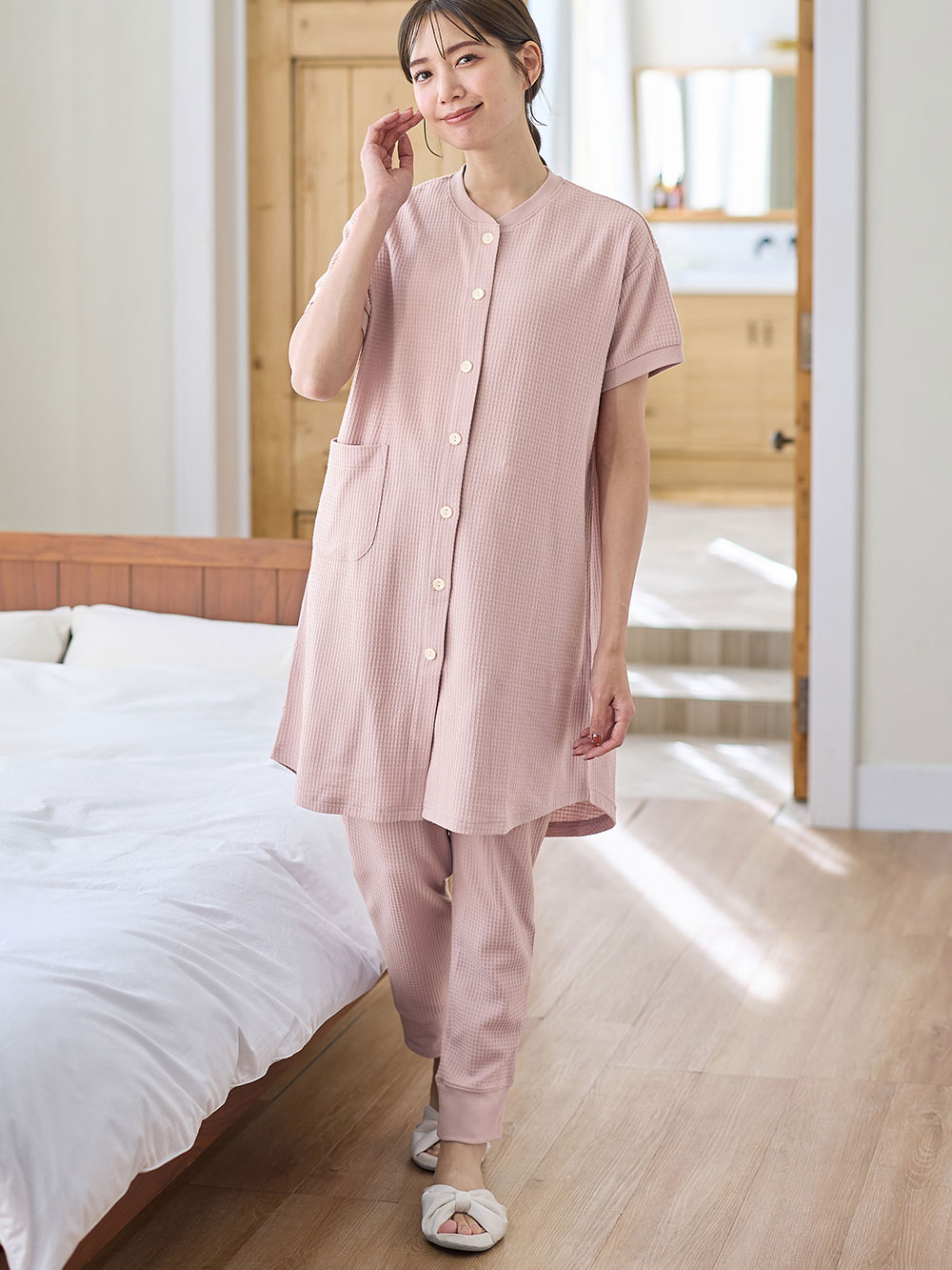 マタニティ パジャマ・ルームウェア|fairy（フェアリー）ワッフル半袖パジャマ　マタニティ・産後授乳パジャマ【出産後も長く使える】|ピンク