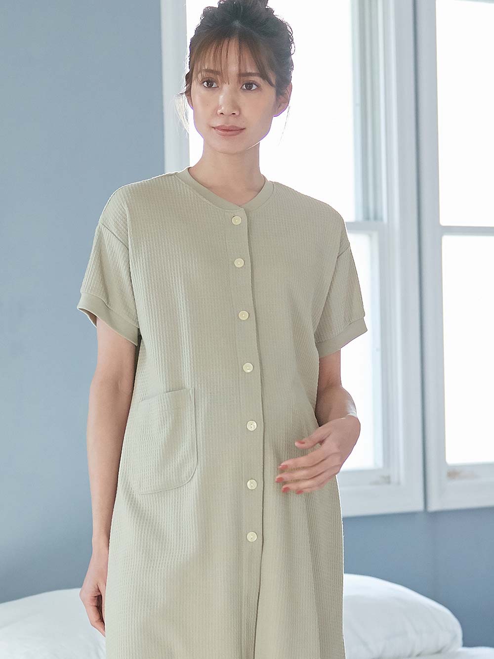 マタニティ パジャマ・ルームウェア|fairy（フェアリー）ワッフル半袖パジャマ　マタニティ・産後授乳パジャマ【出産後も長く使える】|グリーン