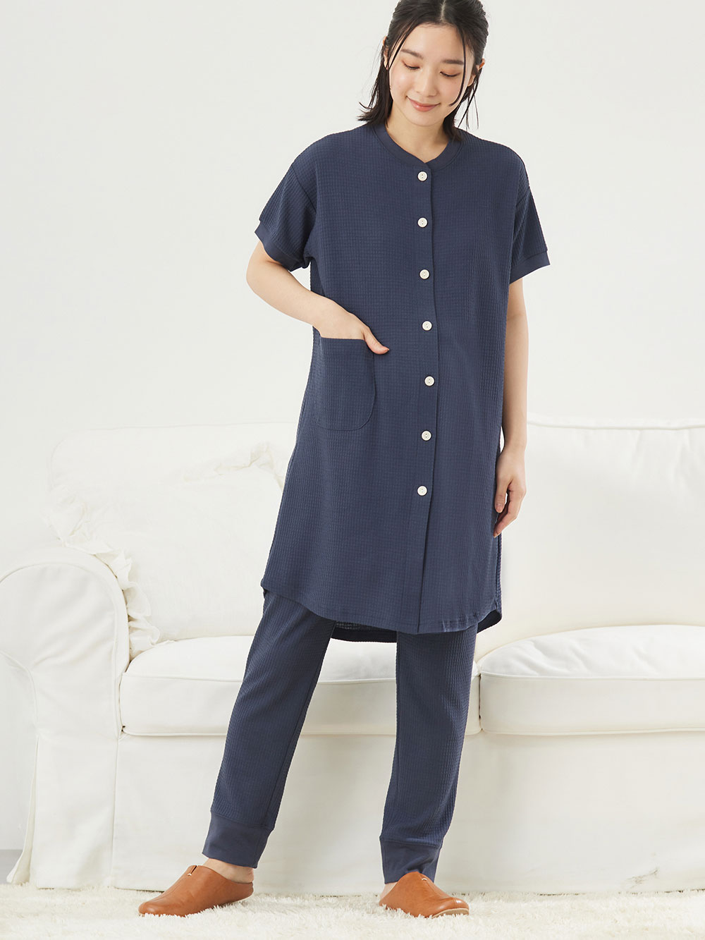 マタニティ パジャマ・ルームウェア|fairy（フェアリー）ワッフル半袖パジャマ　マタニティ・産後授乳パジャマ【出産後も長く使える】|ネイビー