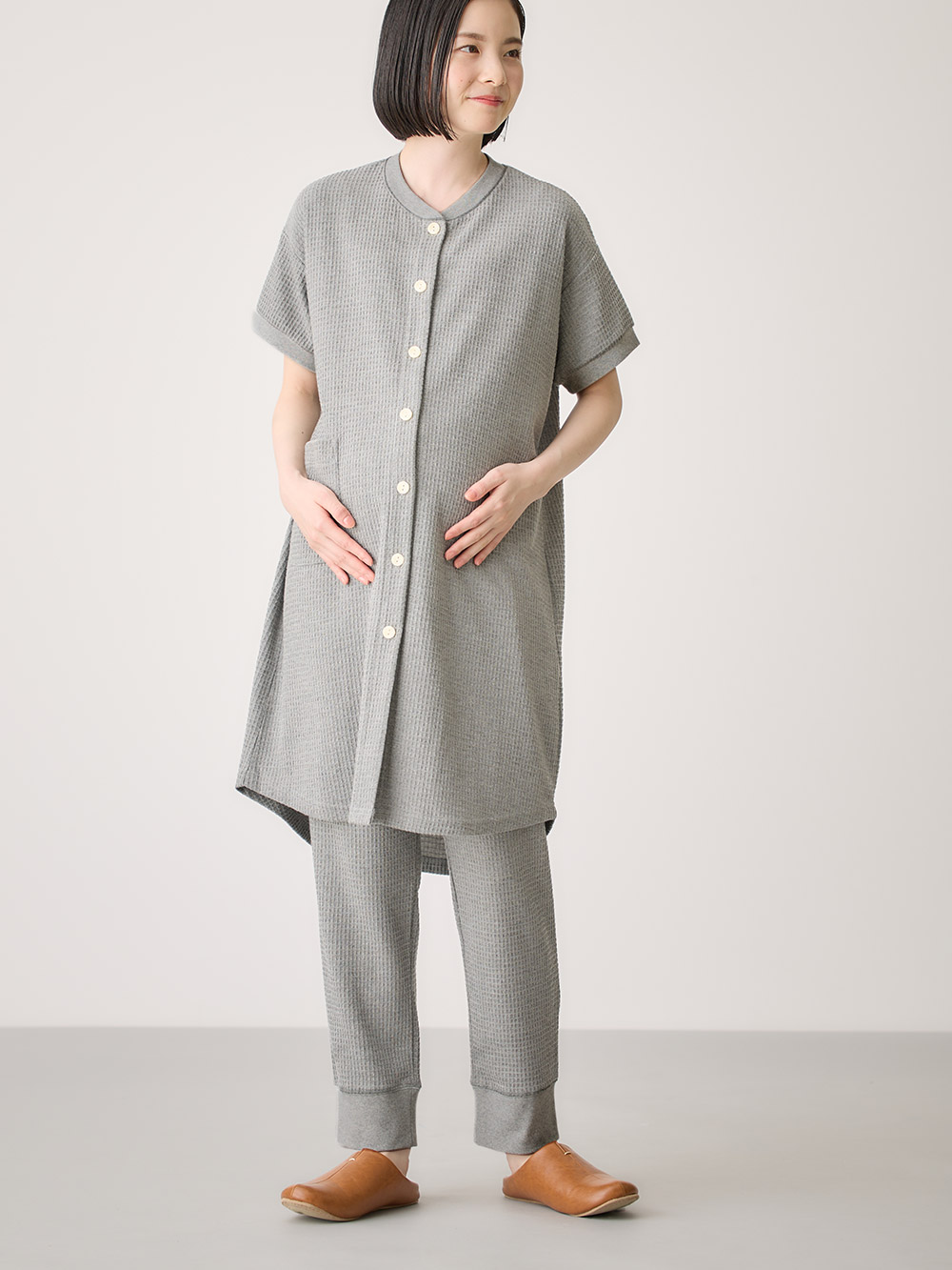 マタニティ パジャマ・ルームウェア|fairy（フェアリー）ワッフル半袖パジャマ　マタニティ・産後授乳パジャマ【出産後も長く使える】|チャコール杢