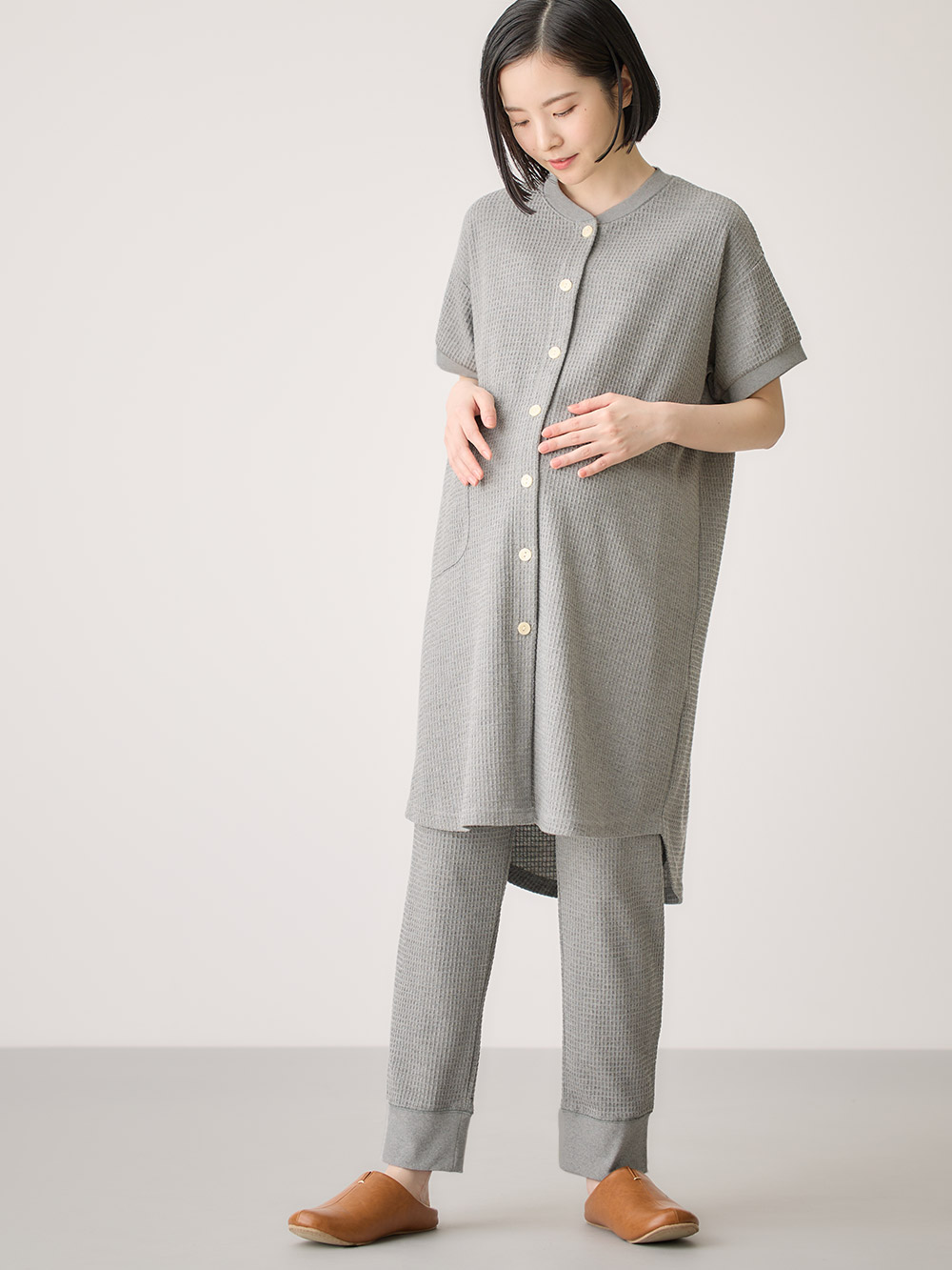 マタニティ パジャマ・ルームウェア|fairy（フェアリー）ワッフル半袖パジャマ　マタニティ・産後授乳パジャマ【出産後も長く使える】|チャコール杢