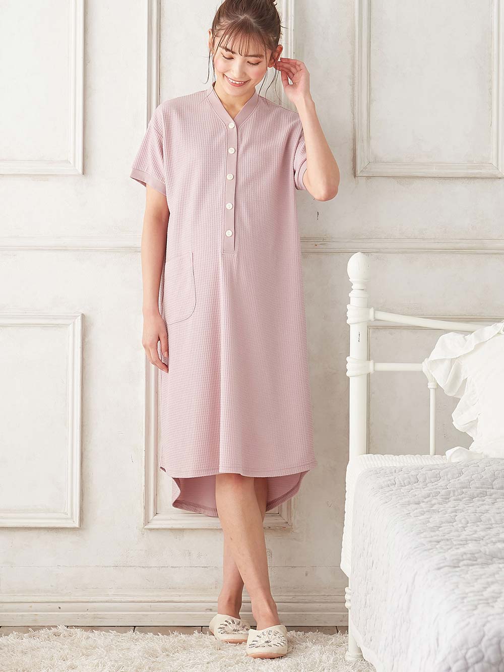 マタニティ パジャマ・ルームウェア|fairy（フェアリー）ワッフル半袖ネグリジェ　マタニティ・産後授乳パジャマ【出産後も長く使える】|ピンク