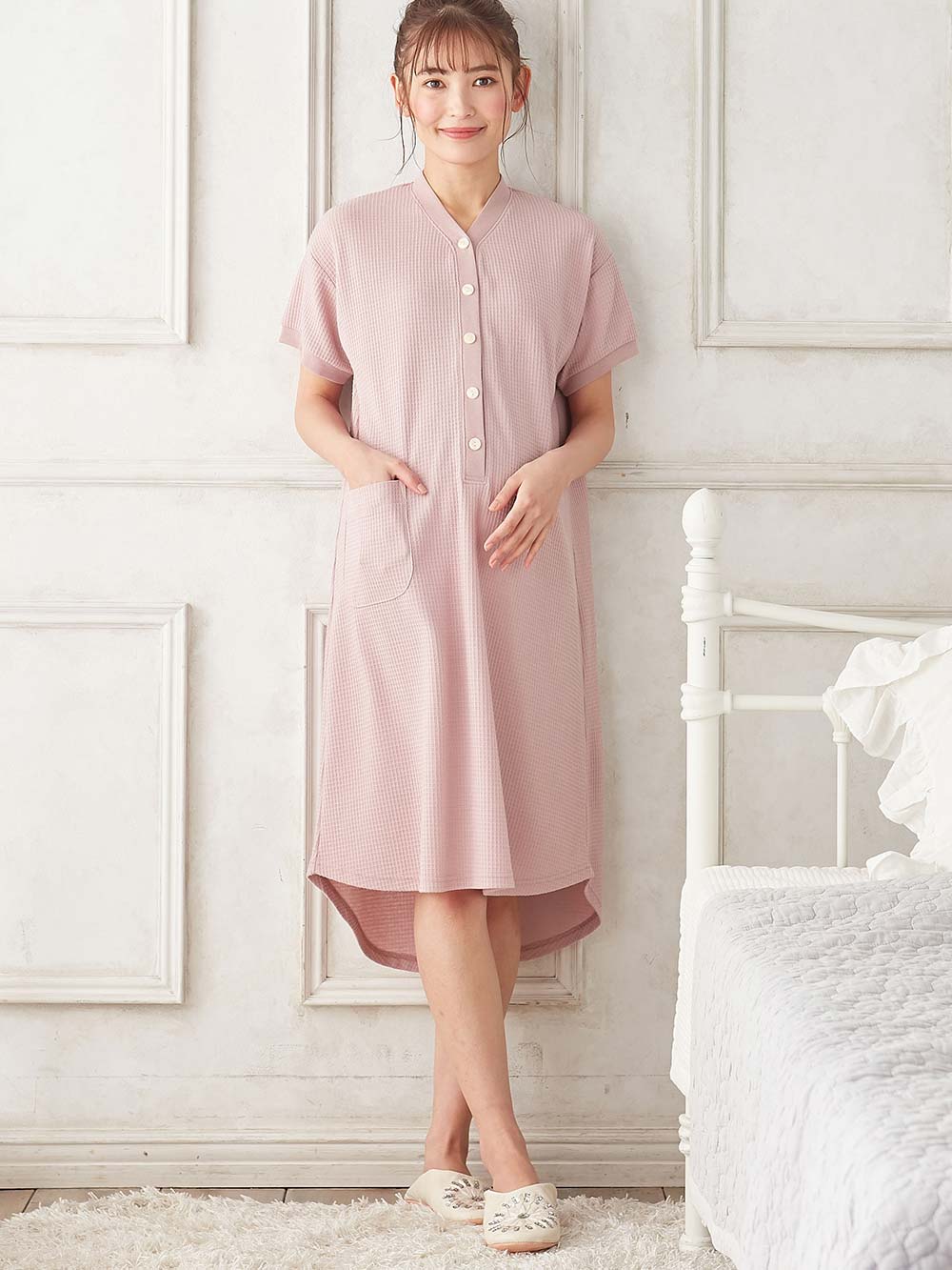 マタニティ パジャマ・ルームウェア|fairy（フェアリー）ワッフル半袖ネグリジェ　マタニティ・産後授乳パジャマ【出産後も長く使える】|ピンク