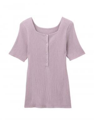 マタニティ トップス|前後2WAY綿混半袖ニット　マタニティ・産後授乳服【出産後も長く使える】|パープル