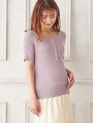 マタニティ トップス|前後2WAY綿混半袖ニット　マタニティ・産後授乳服【出産後も長く使える】|パープル